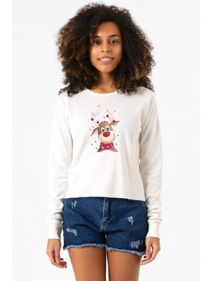 Tshirthane Watercolor Christmas Deer Ekru Ekstra Uzunkol Sweatshirt