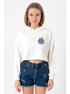 Tshirthane One Piece Anime Gomu Gomu Devil Fruit Ekru Kadın Crop Kapşonlu