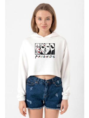 Tshirthane Horror Character Friends Ekru Kadın Crop Kapşonlu