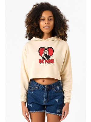 Tshirthane Be Mine Michael Myer Bej Kadın Crop Kapşonlu