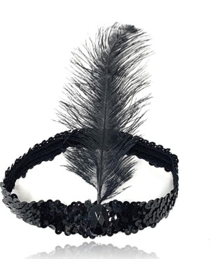 Skygo Siyah Renk Çarliston Başlık 90 lı Yıllar 80 li Yıllar Tüylü Saç Bandı