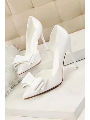 Trendy Anka Kadın Beyaz Cilt 8cm Ince Şeffaf Kapak Topuklu Stiletto Ayakkabı