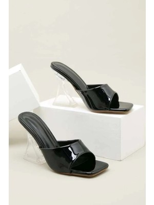 Kadın Siyah Rugan 8 cm Şeffaf Topuklu Abiye Sandalet Ayakkabı Terlik