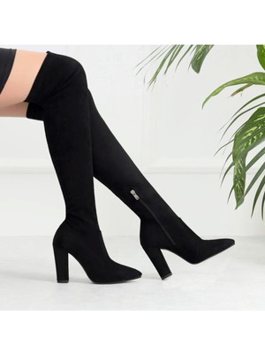 Kadın Siyah Çorap Çizme 10 cm Topuklu Diz Üstü Sivri Burun Esnek ve Süet Streç Çizme