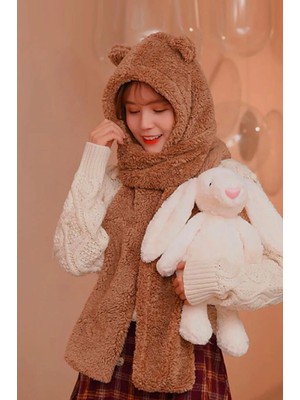 Bahels Kapüşonlu Camel Peluş Bere Atkı Kadın Welsoft Polar Boyunluk Şalı Rüzgar Geçirmez Kulaklı Şapka