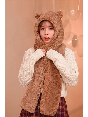 Bahels Kapüşonlu Camel Peluş Bere Atkı Kadın Welsoft Polar Boyunluk Şalı Rüzgar Geçirmez Kulaklı Şapka