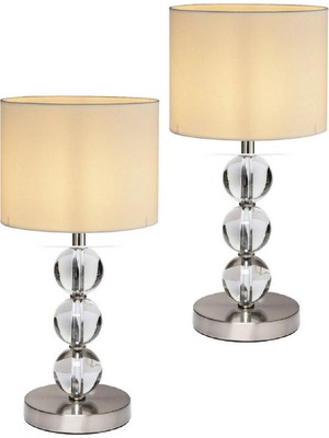 2 Adet Cam Gövdeli Krom Ayaklı Kumaş Başlıklı Dekoratif Masa Gece Lambası