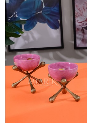 Miarik Design Pirinç Molekül Altlı Pembe Mermer Kase 10  cm