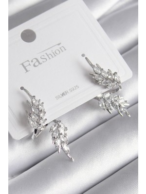 Callerrons Accessories Gümüş Renk Zirkon Taşlı Yaprak Model Kadın Küpe - EBJ241206W29727