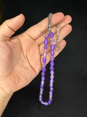 Anemore Collection Toz Kehribar Tesbih Mor Renkli Beyzi Kesim 11mmX7,5mm T-667