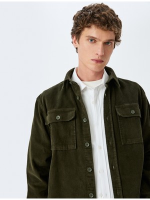 Koton Uzun Kollu Düğmeli Cep Detaylı Pamuklu Fitilli Kadife Gömlek Ceket