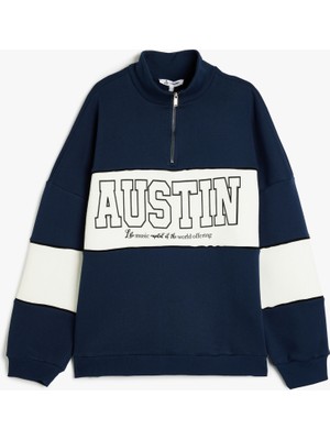 Koton Yarım Fermuarlı Slogan Baskılı Oversize Şardonlu Sweatshirt