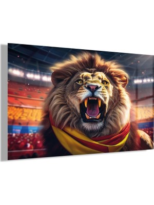 Gaagart Temperli Gerçek Cam Yatay  Sarı Kırmızı Atkılı Kükreyen Aslan