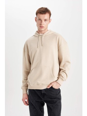 DeFacto Erkek Bej Oversize Fit Geniş Kesim Basic Düz Pamuklu Kapüşonlu Sweatshirt B7849AXNS