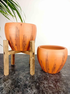 Store Tasarımı Ev Dekorasyon Siyah Çizgi Desenli Terrakota Toprak Saksı Saksılık Salon Çiçeklik Ikili Set Ayaksız - 4 Ayaklı- 15  cm