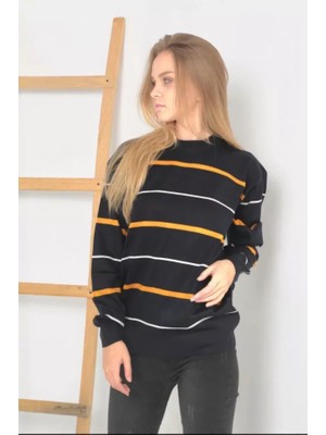 Nnstartshopping  Unisex Ince Çizgili Bisiklet Yaka Triko Kazak - Siyah