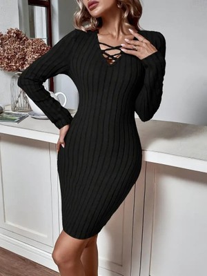 Nnstartshopping  Kadın Uzun Kollu V Yakalı Çapraz Şerit Detaylı Şardonlu Kaşkorse Midi Elbise