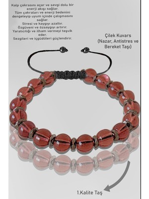 Tesbih Atölyesi Sertifikalı Gerçek Hematit - Çilek Kuvars Taşı Bileklik - Ayarlamalı