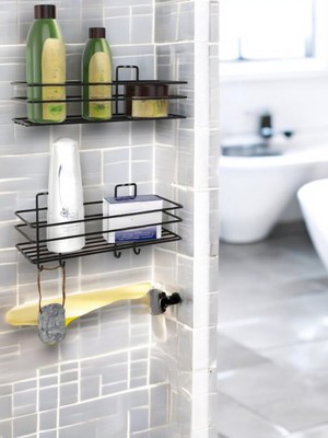 Ahlas Store Ahlas Store Siyah Yapışkanlı 2li Set Banyo Düzenleyici Şampuanlık Banyo Rafı Duş Rafı Organizer