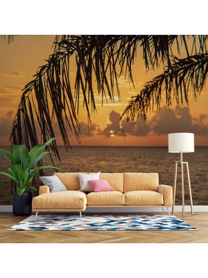 Gün Batımı ve Palmiye Dal Manzaralı Duvar Kağıdı
