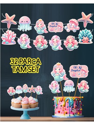 Hiras Dizayn KUROMI-32PARÇA Tatlı Denizkızı Deniz Dev Doğum Günü Süsü Banner Pasta Kürdanı Cupcake Süsü Seti