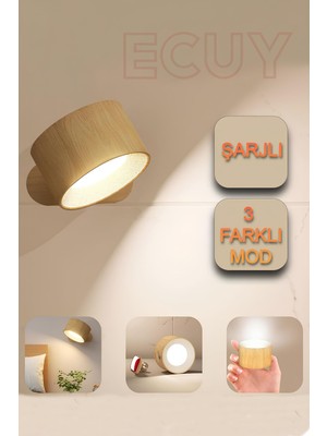 Ecuy Taşınabilir Şarjlı Duvar Aplik 360° Dönebilen Mıknatıslı LED Işıklı Portatif Duvar Aplik Ahşap Lamba