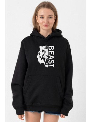 Tshirthane Mr Beast Half Face Siyah Kadın 3ip Kapşonlu