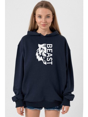 Tshirthane Mr Beast Half Face Lacivert Kadın 3ip Kapşonlu