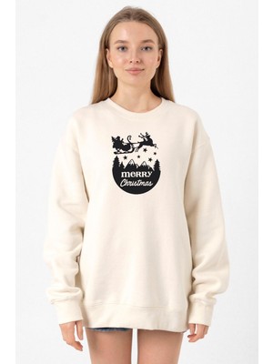 Tshirthane Merry Christmas Sleigh Ekru Kadın 2ip Sweatshirt