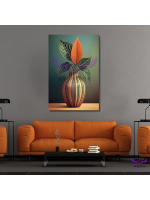 Tekli Dikey Kanvas Modern Salon Tablosu Vazoda Minimal Yapraklar