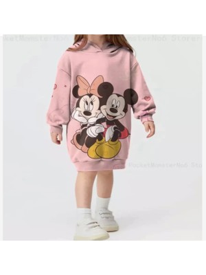 Kids Face Özel Tasarım Kapüşonlu Minnie-Mickey Baskılı Şardonlu Kışlık Kız Çocuk Spor Hoodie Elbise