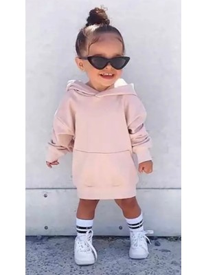 Kids Face Özel Tasarım Kapüşonlu Baskısız Soft Pembe Şardonlu Kışlık Kız Çocuk Spor Hoodie Elbise