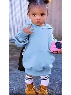 Kids Face Özel Tasarım Kapüşonlu Düz Renk Şardonlu Kışlık Kız Çocuk Spor Hoodie Elbise