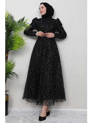 Giza Store Elisa Tesettür Abiye Siyah Tül Kumaş Kadın Elbise Yeni Sezon Şıklığı