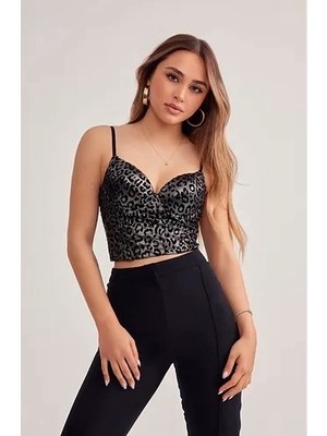 Beruflic Leopar Baskılı Crop Top Balenli