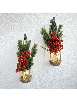 ST Dekor Duvar Dekoru LED Işıklı Kokina ve Çam Kozalak Çiçekli Beyaz Aplik İkili Set