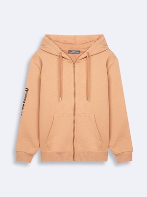 LTB Kolu Baskılı Kapüşonlu Fermuarlı Camel Sweatshırt