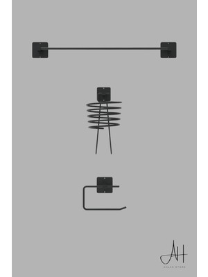Ahlas Store Yapışkanlı 3'lü Set Siyah Fön Makinesi Askısı Uzun Havlu Askısı Wc Tuvalet Kağıtlık Banyo Seti