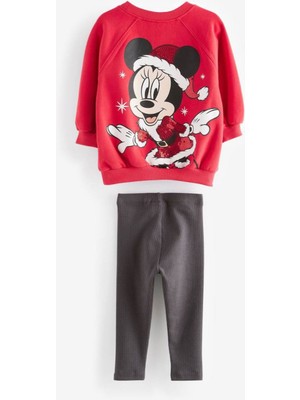 Yeni Sezon Mickey Baskılı Sırt Payet Detaylı Fitilli Tayt Alt Üst Takım Kırmızı Renk Noel
