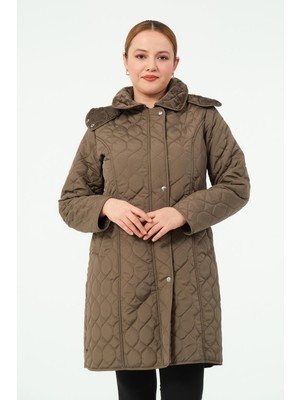 Ahunaz Büyük Beden Kapitone Mont Kadın Kapüşonlu Midi Tüylü Düz Desenli Uzun Kol