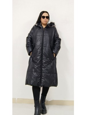 Akşen Giyim Büyük Beden Kadın Kışlık Içi Kürk Astarlı Dolgulu Fermuar Kapamalı Kürk Kapüşonlu Kaban