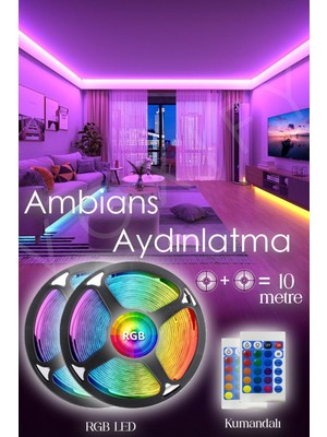 2'li Set Rgb Duvar Tavan Şerit LED Işık Ambiyans & Sabit 16 Renk Kumandalı Yapışkanlı 10 Metre