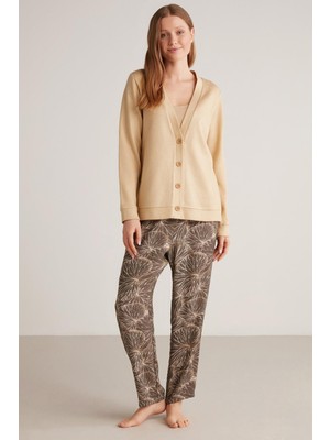 Penye Mood Yumuşak Dokulu Kumaş Hırkalı Üçlü Kadın Pijama Takım 9526