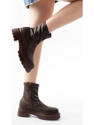 236-2011 Kahve Streç Fermuarlı Günlük Kadın Bot