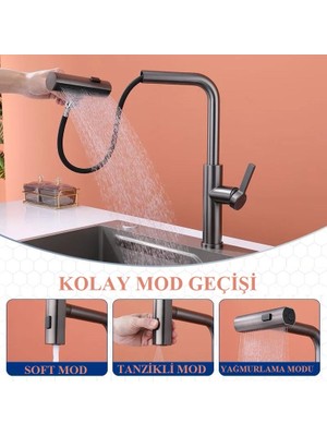 Rena Design Çok Modlu Antrasit Mutfak Evye Bataryası Spiralli Çek Bırak Başlık Yağmurlama