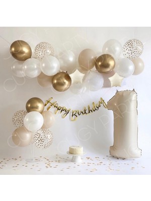 Cugy Retro Krem Gold Beyaz Doğum Günü Seti 1 Yaş Rakamlı Yaş Seçenekli  Yıldız Detaylı Balon Zinciri