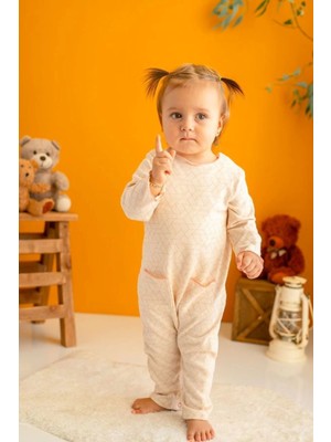 Kız Bebek Ekru Pembe Desenli % 100 Pamuk Tulum (3-24 Ay)