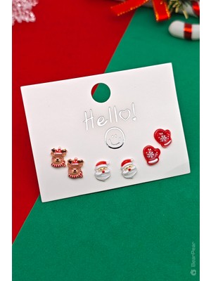 Bear & Pear Yılbaşı Küpesi Noel Temalı 6'lı Küpe Set Noel Baba Küpe