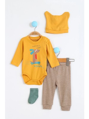Maibella Hayvan Desenli Erkek Bebek Hastane Çıkışı Bebek Kıyafetleri Yenidoğan Hastane Çıkış Seti 4'lü Müslin