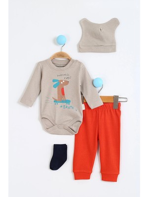 Maibella Hayvan Desenli Erkek Bebek Hastane Çıkışı Bebek Kıyafetleri Yenidoğan Hastane Çıkış Seti 4'lü Müslin